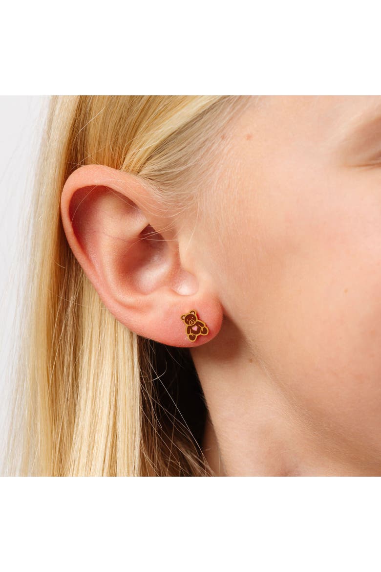 Girls' Teddy Bear Flatback Stud Hypoallergenic Earrings, Alternate, color, Brown
