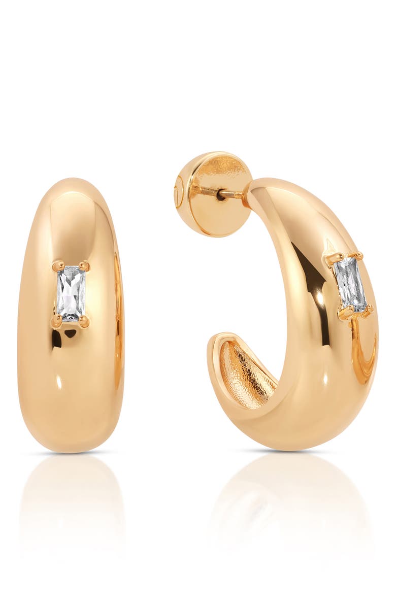 Ettika Oval Dome Cubic Zirconia Baguette Hoop Earrings, Main, color, Gold