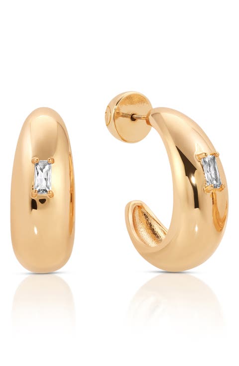 Oval Dome Cubic Zirconia Baguette Hoop Earrings