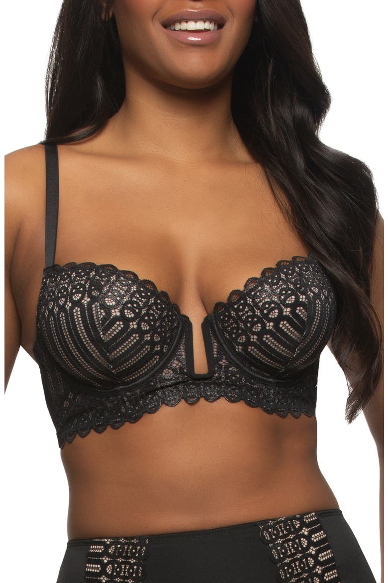 Siren Underwire Shimmer Lace Plunge Demi Longline Bra, Main, color, BLACK SHIMMER