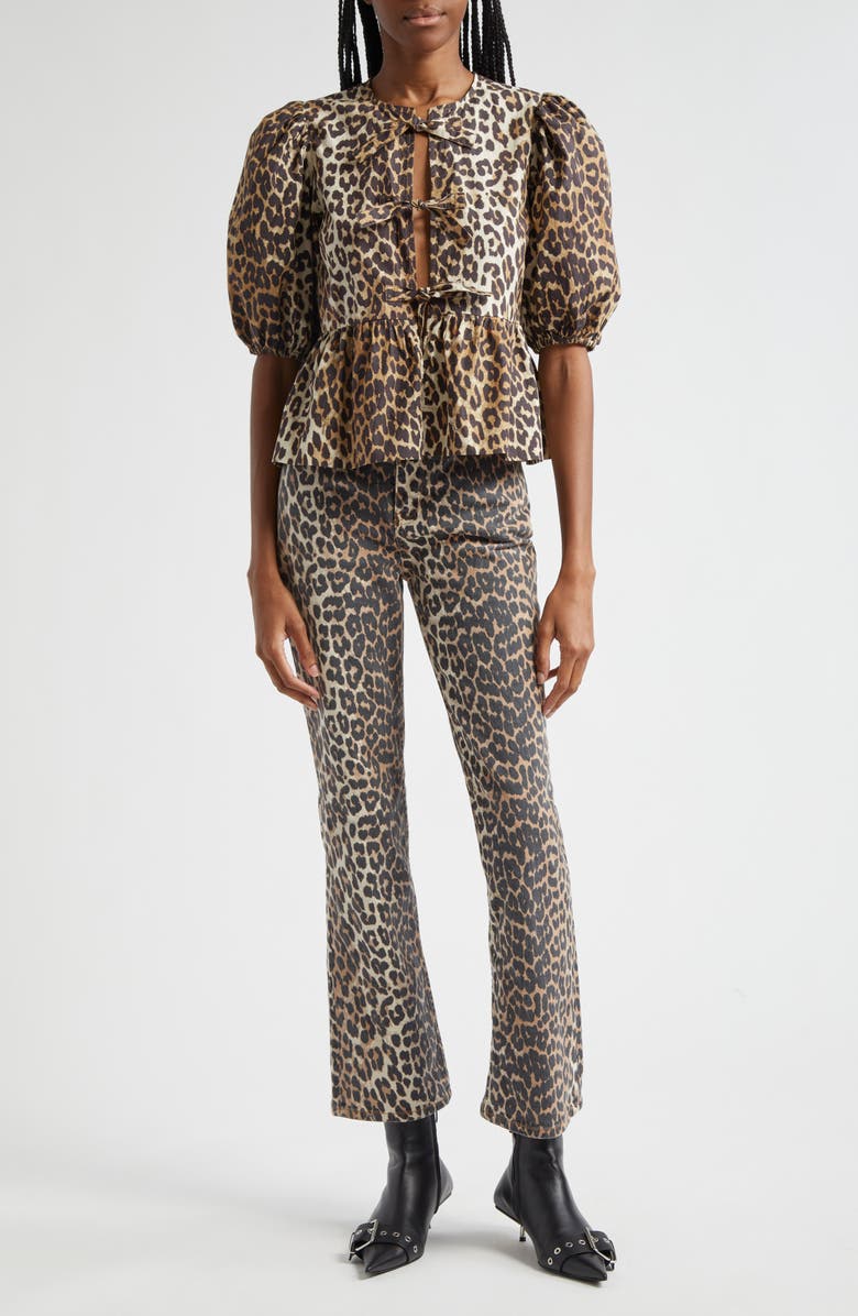 Ganni Betzy Leopard Stretch Organic Cotton Crop Jeans, Alternate, color,