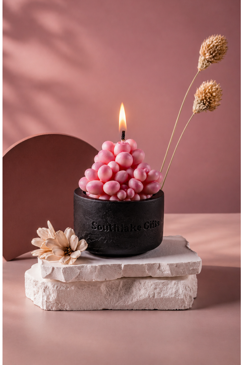 Pink Succulent Candle in Concrete Vessel, Alternate, color, Pink Moonstones