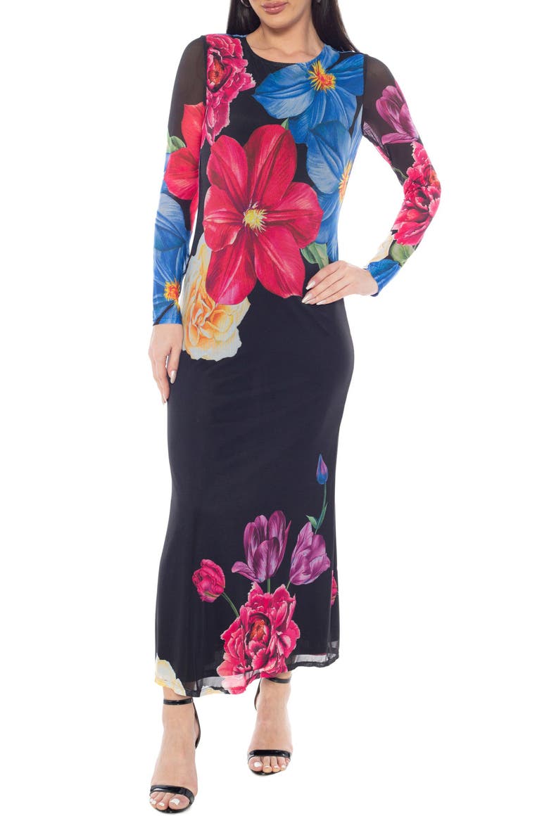 Printed Long Sleeve Mesh Maxi Dress, Main, color, BLUE MULTI