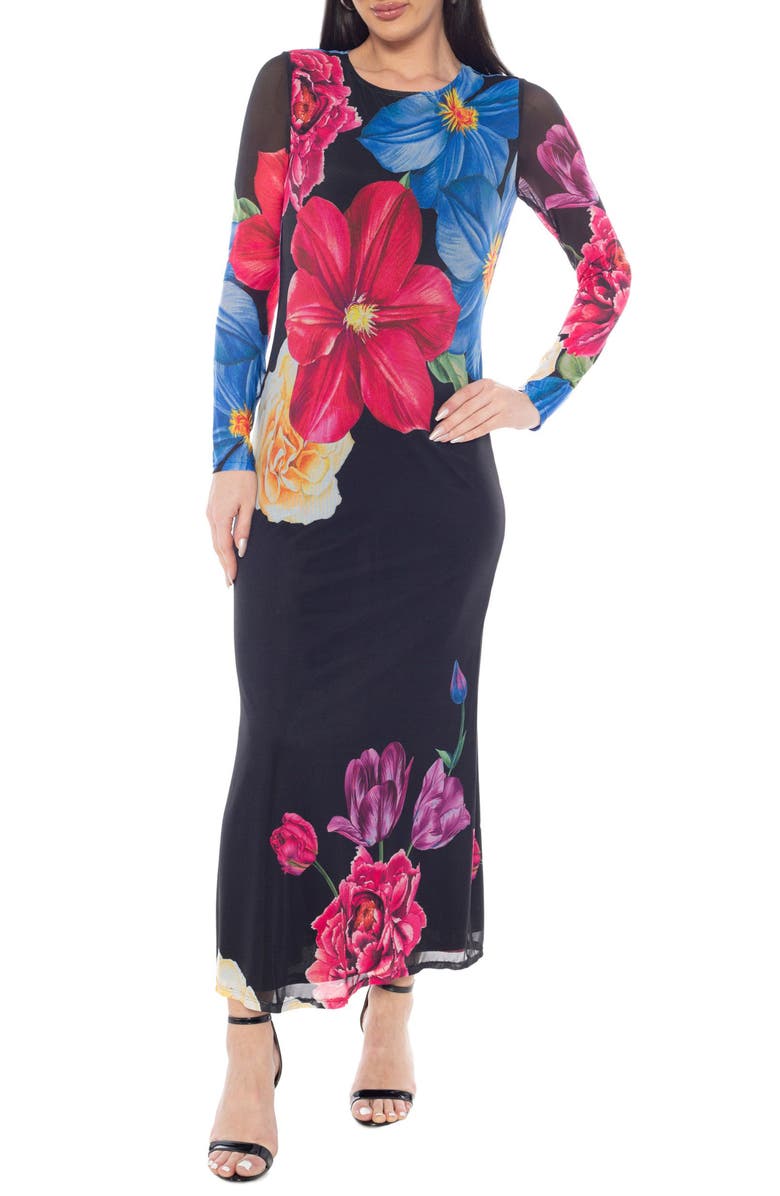 Oleg Cassini Printed Long Sleeve Mesh Maxi Dress, Main, color, Blue Multi