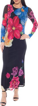 Oleg Cassini Printed Long Sleeve Mesh Maxi Dress