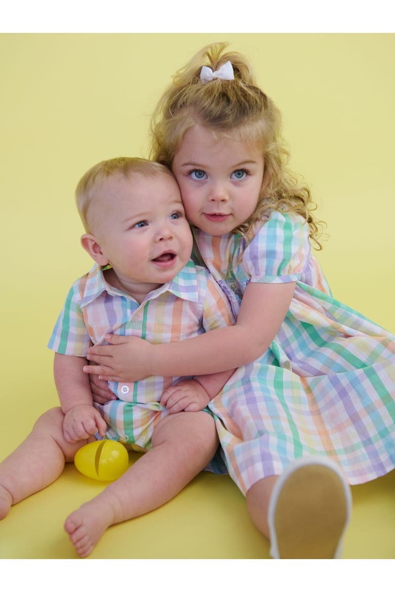 Baby Boys Woven Short Sleeve Button-Up Romper, Alternate, color, Poppy Rainbow Plaid