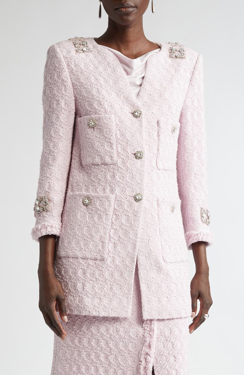 ST. JOHN Crystal Embellished Honeycomb Tweed Longline Jacket, Main, color, 