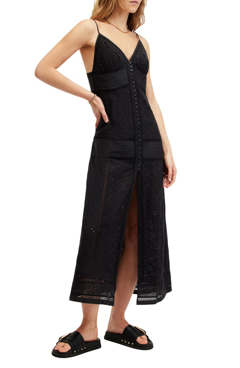 AllSaints Dahlia Embroidered Eyelet Maxi Dress, Main, color, Black