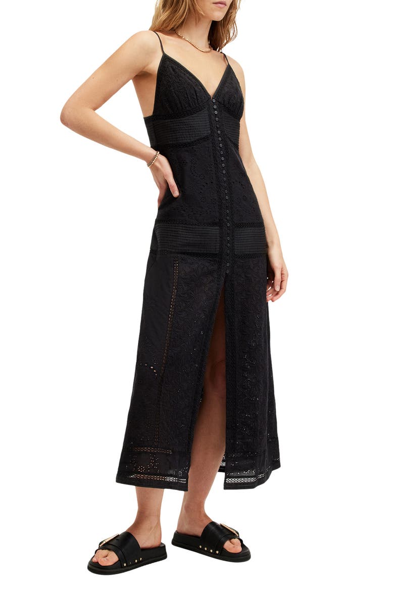 dahlia embroidered maxi dress Free People + Dress, Indigo Combo Embroidery fabricationBustier bodiceAdjustable strap Back smocking Ruffled skirt If spring was a dress.