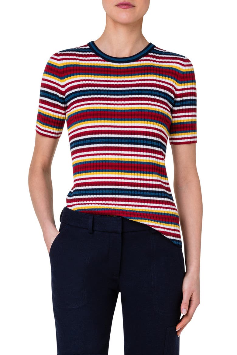 Stripe Short Sleeve Milano Knit Virgin Wool Rib Sweater, Main, color, YELLOW MULTICOLOR