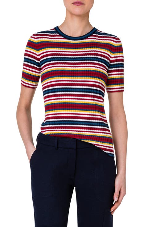 Stripe Short Sleeve Milano Knit Virgin Wool Rib Sweater