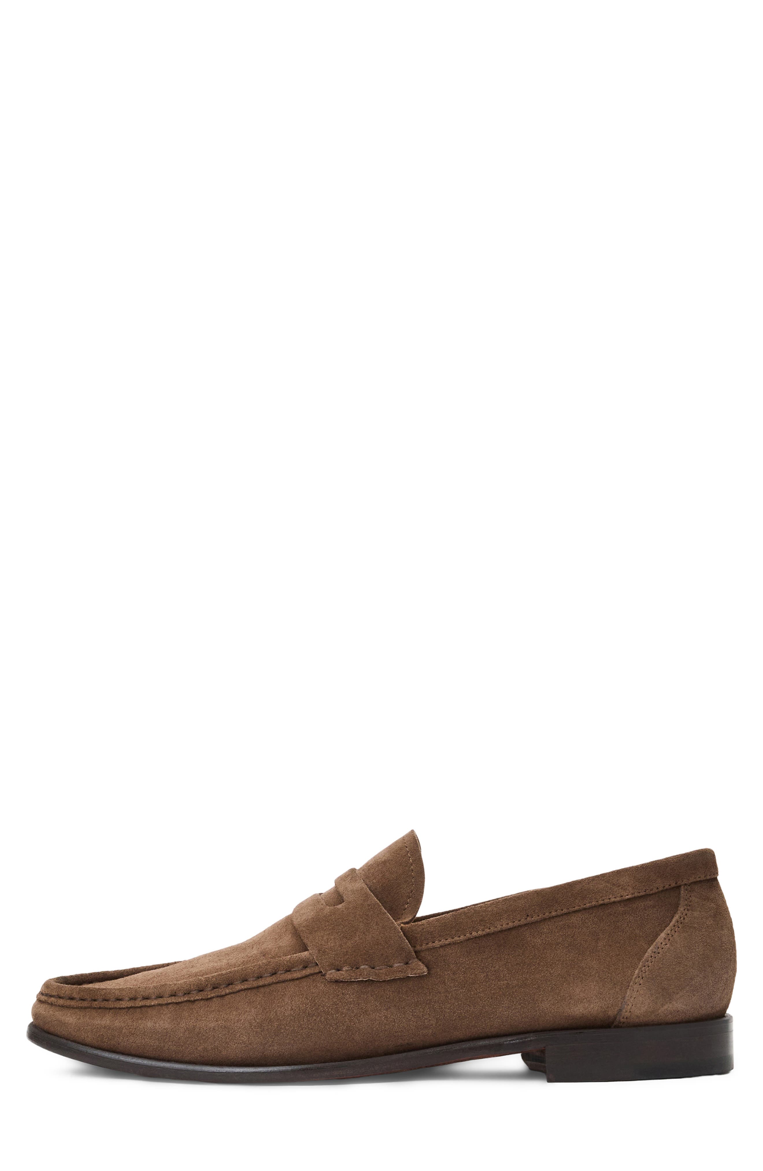 Lombardo Wrapped Moc Toe Penny Loafer, Alternate, color, BROWN SUEDE