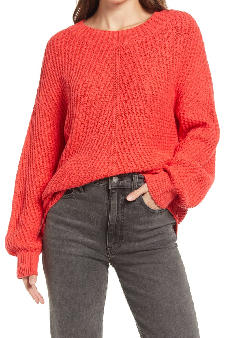 Tuck Stitch Cotton Sweater, Main, color, RED POPPY
