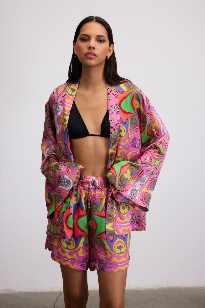 Psychedelic Printed Blushwave Short Caftan, Alternate, color, Pink