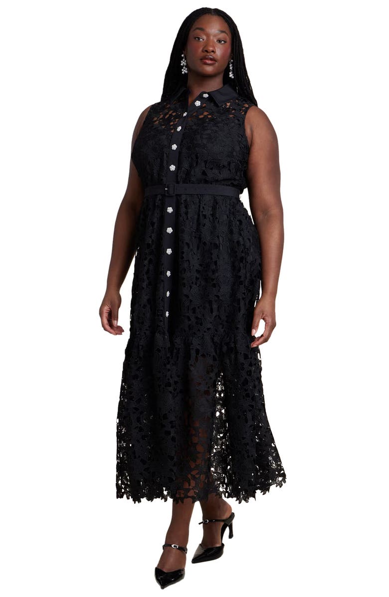 ELOQUII Lace Dress With Buttons & Collar, Main, color, Black Onyx