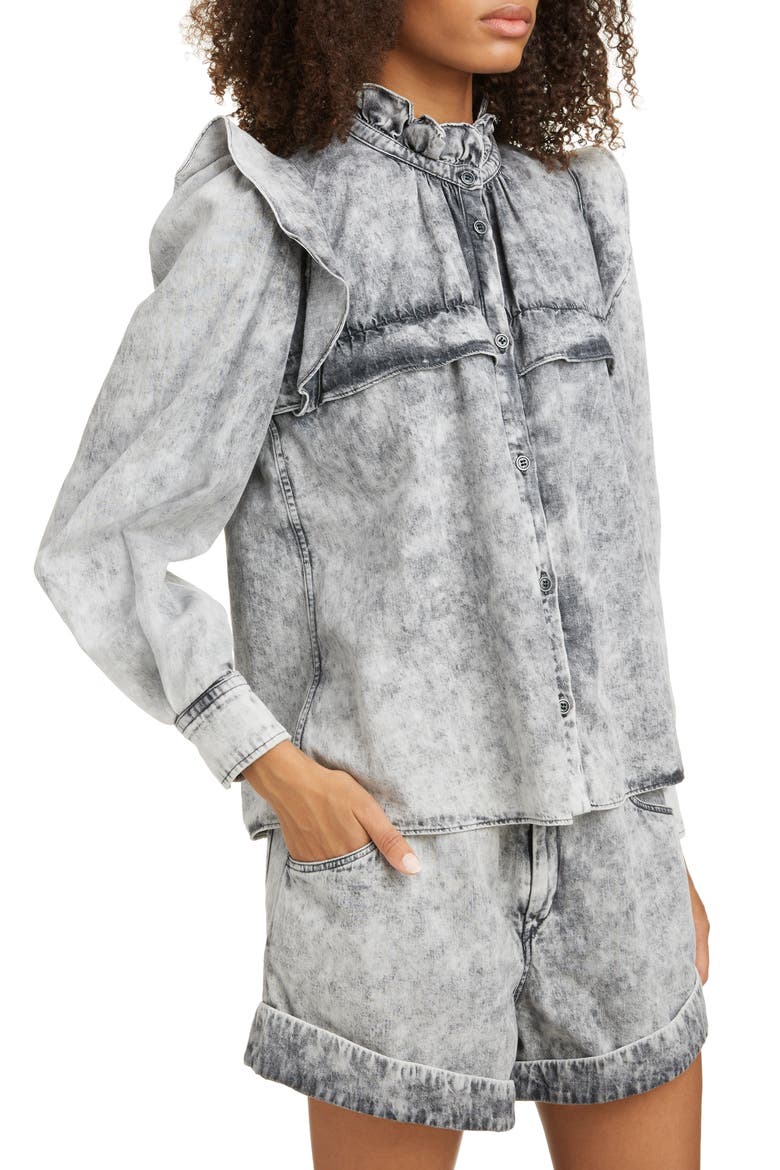 Idety Ruffle Trim Stonewashed Shirt, Alternate, color, FADED BLACK