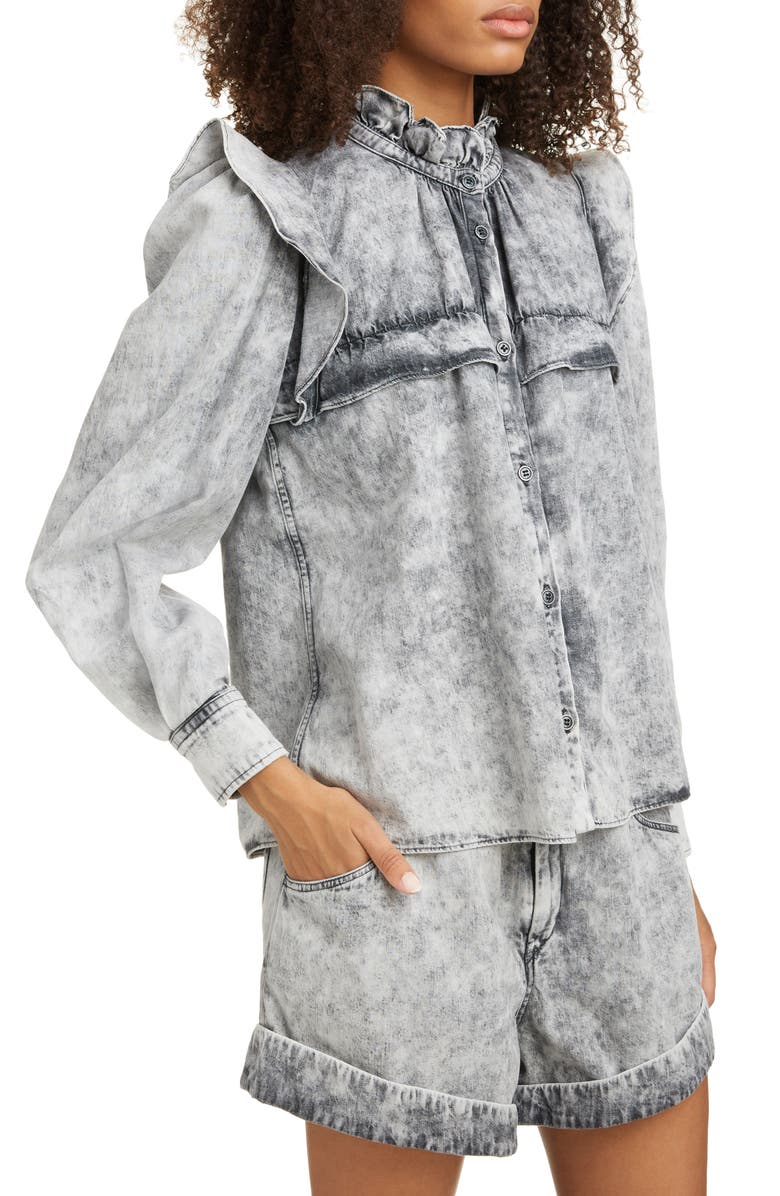 Isabel Marant Étoile Idety Ruffle Trim Stonewashed Shirt, Alternate, color, Faded Black