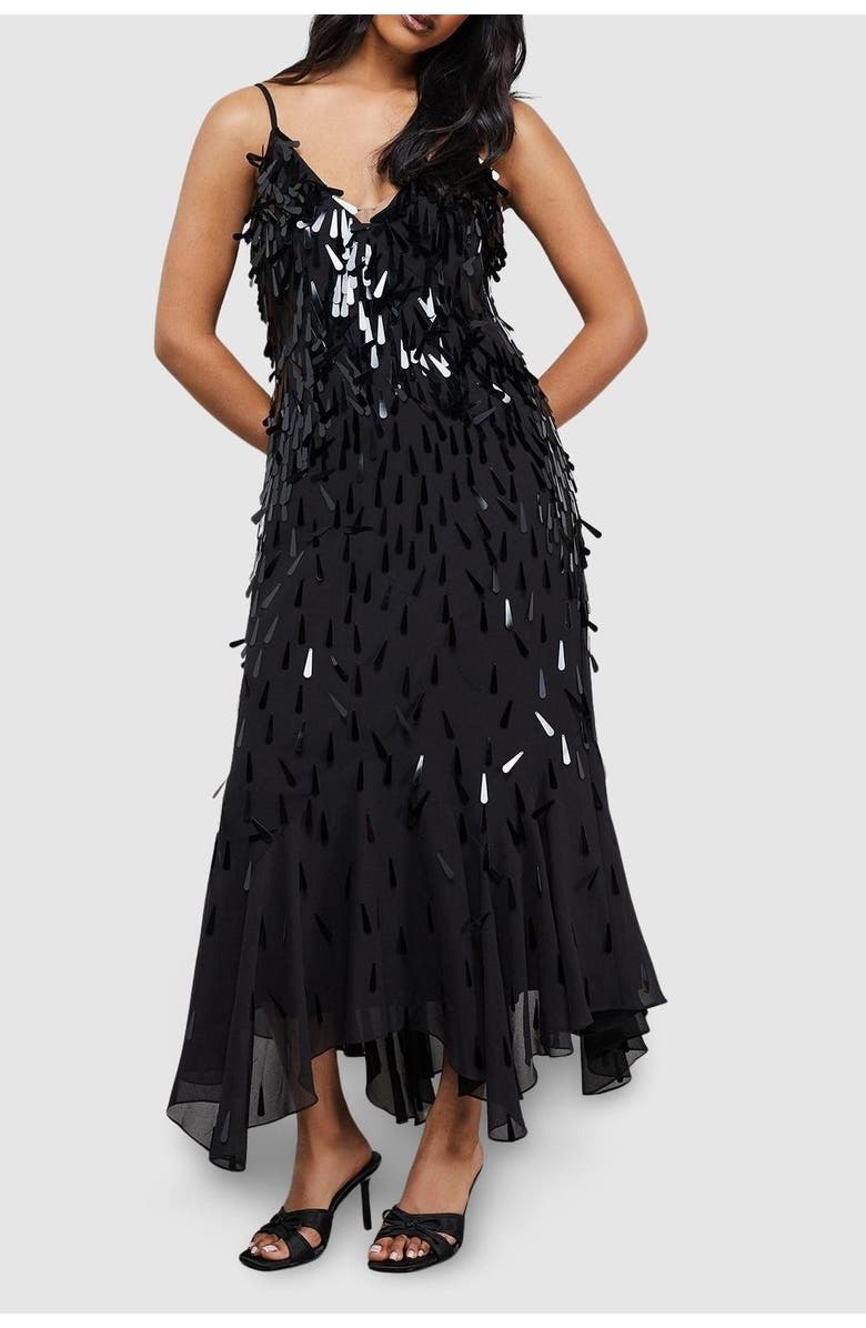 Warehouse Premium Teardrop Embellished Midi Dress, Alternate, color, Black