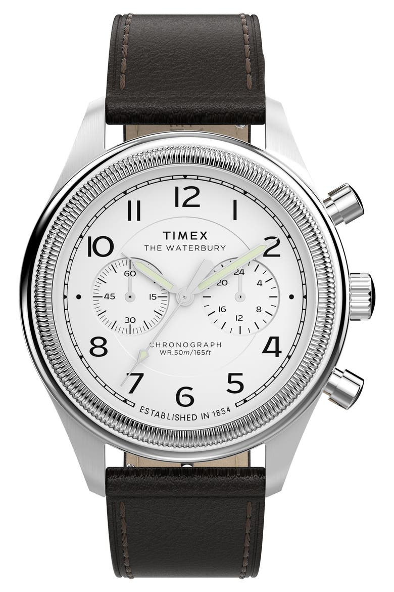 Waterbury Metropolitan Chronograph Leather Strap Watch, 41mm, Main, color, BROWN