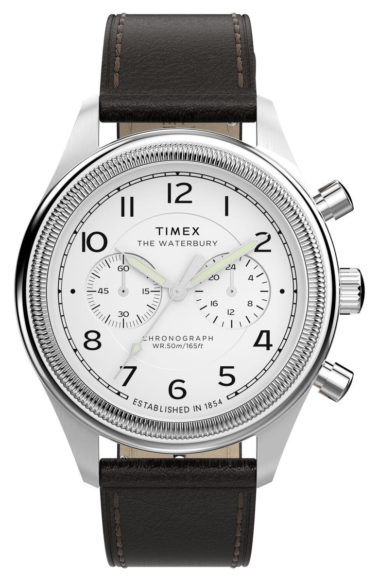 Timex<sup>®</sup> Waterbury Metropolitan Chronograph Leather Strap Watch, 41mm, Main, color, Brown