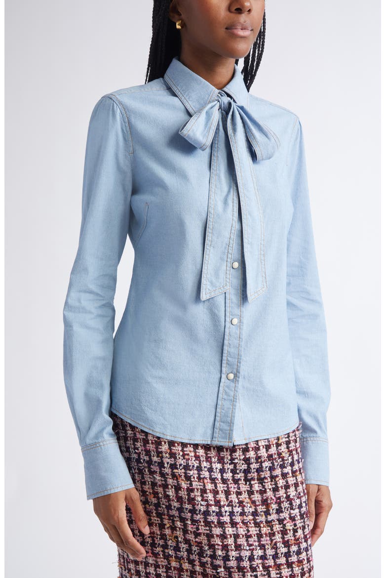 Tie Neck Chambray Shirt, Alternate, color, LIGHT DENIM WASH