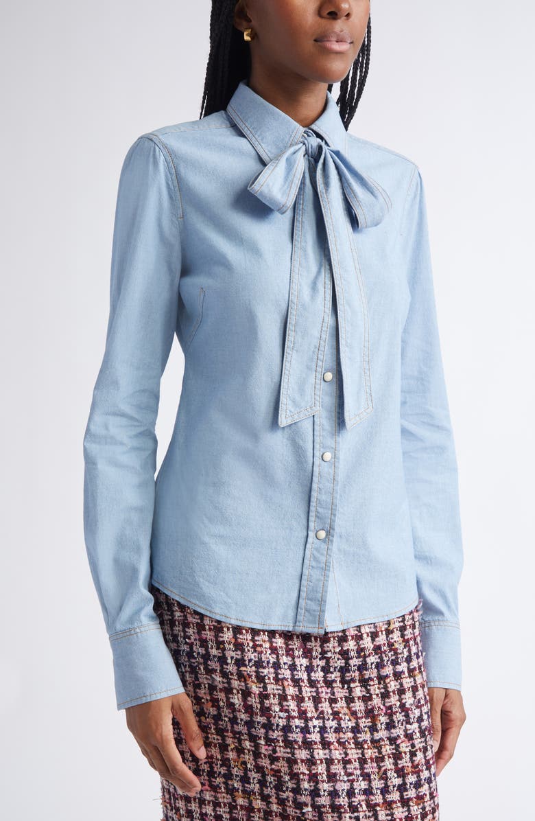 ST. JOHN Tie Neck Chambray Shirt, Alternate, color, Light Denim Wash