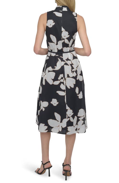 Dkny Belted Fit & Flare Midi Dress In Black/ivory