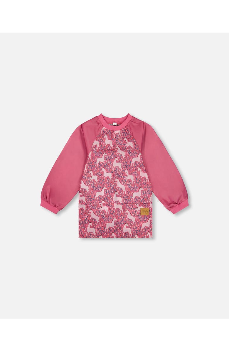 Deux par Deux Little Girl's School Apron Pink Printed Unicorn, Main, color, 