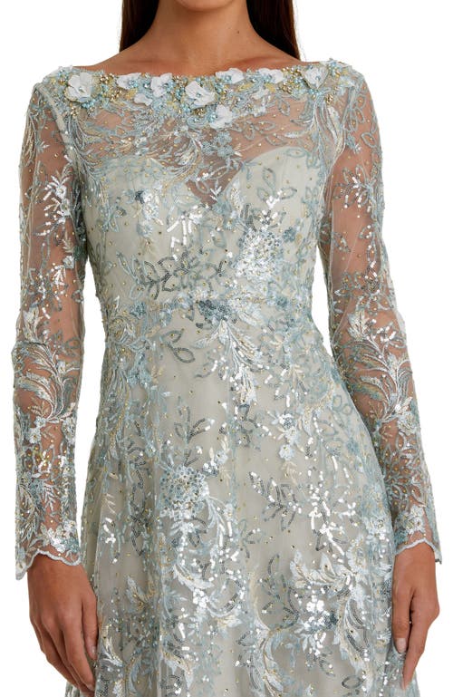 Mac Duggal Floral Rhinestone Embroidered Sweetheart Illusion Long Sleeve Gown In Mist