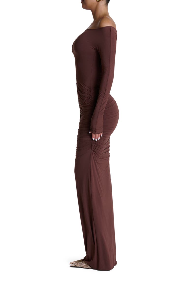 Ruched Off the Shoulder Long Sleeve Maxi Dress, Alternate, color, CHOCOLATE