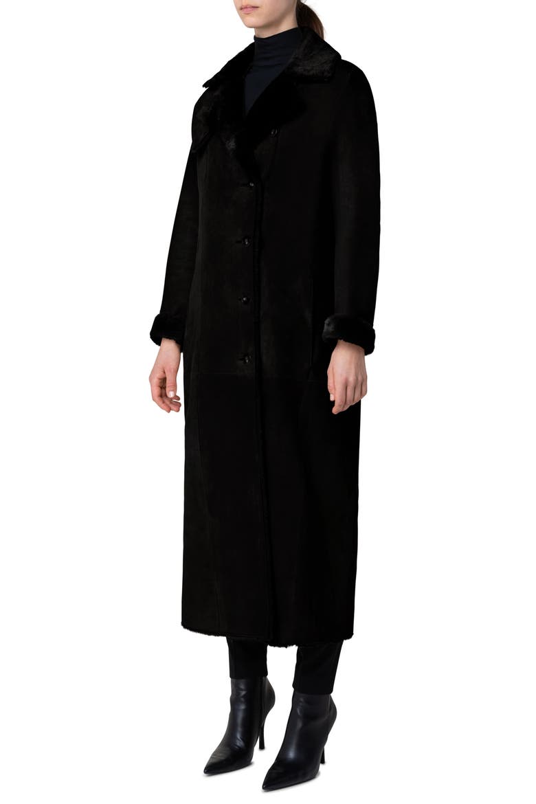 Double Breasted Genuine Shearling Leather Coat, Alternate, color, 009 BLACK