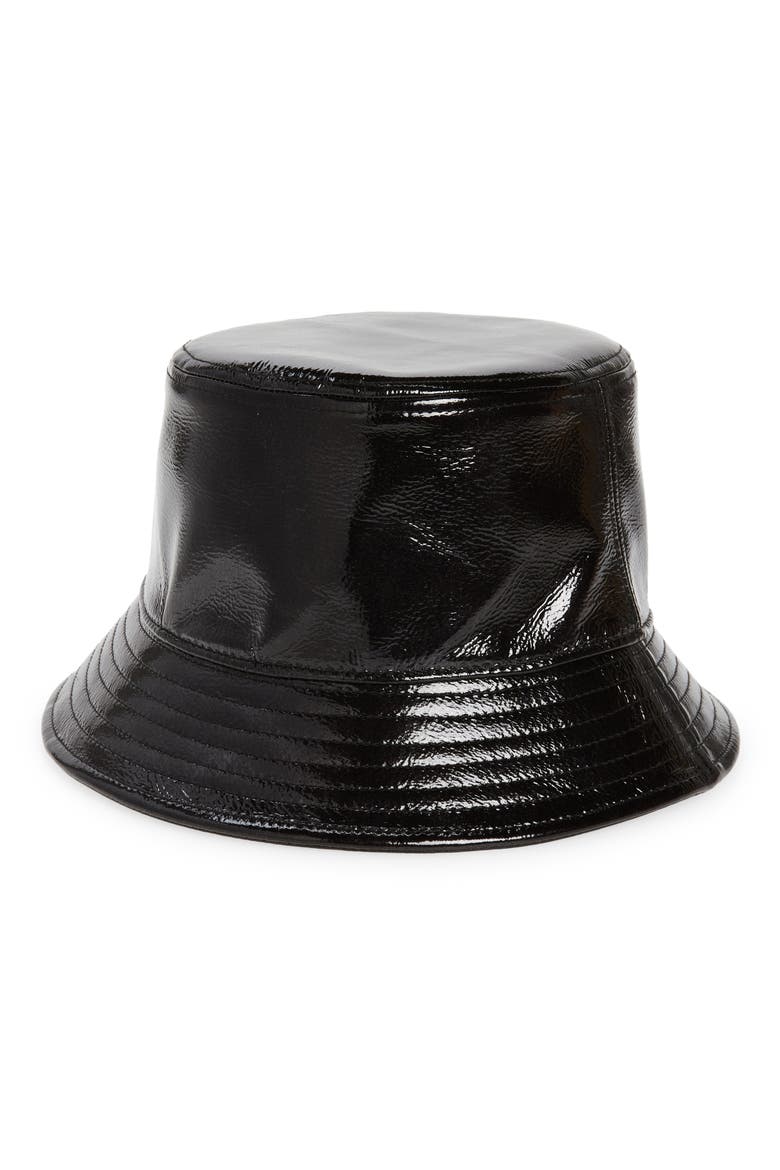 Vida Patent Faux Leather Bucket Hat, Main, color, BLACK