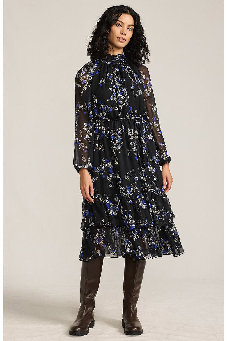 Crinkle Chiffon Ruffle Dress, Main, color, Black/Lapis Fall Floral