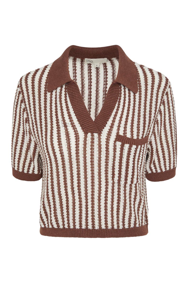 Linen Knit Cropped Polo, Alternate, color, Brown/White