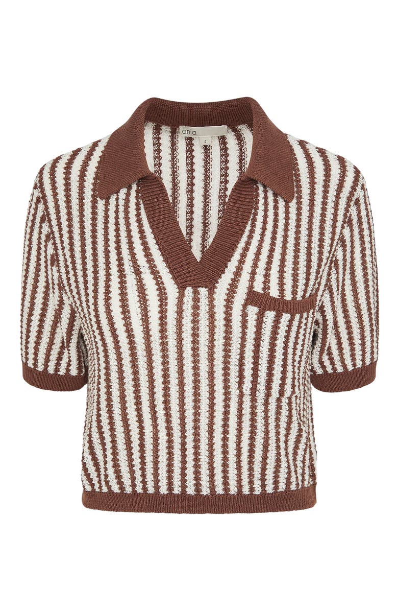 Onia Linen Knit Cropped Polo, Alternate, color, Brown/White