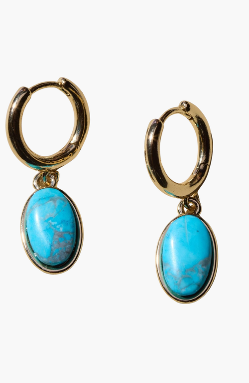 Nickel & Suede Oval Stone Huggies In Gold/turquoise