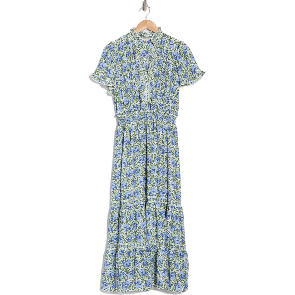 Max Studio Smocked Flutter Sleeve Maxi Dress In Cream/sky Nouveau Magnolia