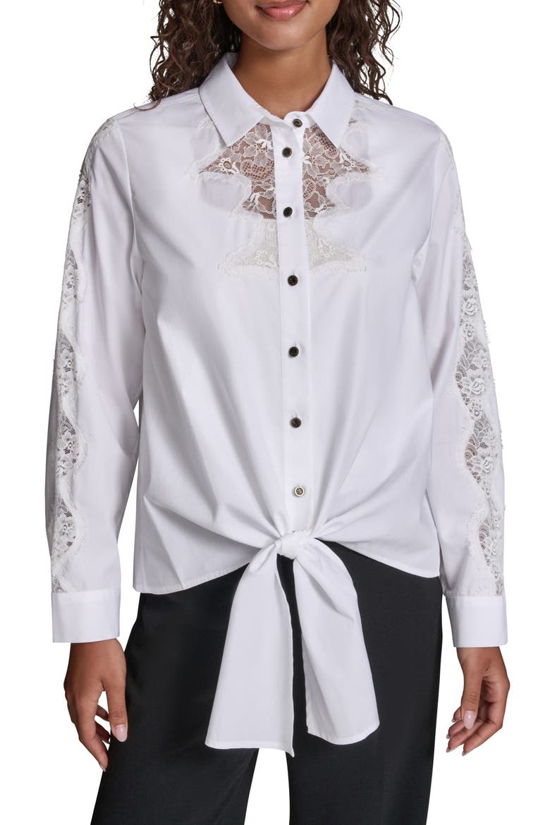 Lace Inset Front Tie Shirt, Main, color, WHITE