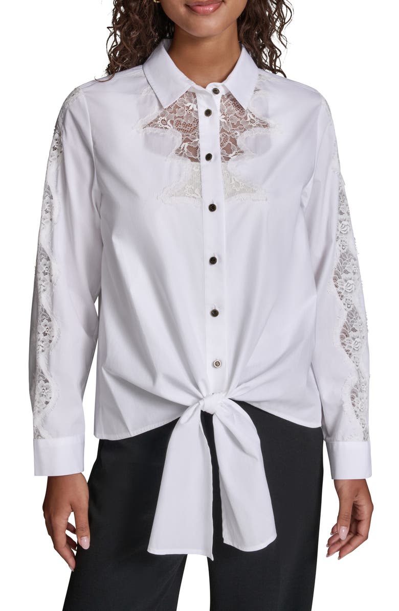 KARL LAGERFELD PARIS Lace Inset Front Tie Shirt, Main, color, 