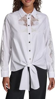 KARL LAGERFELD PARIS Lace Inset Front Tie Shirt