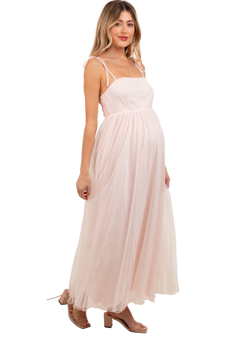 PinkBlush Square Neck Shoulder Tie Tulle Maxi Dress, Alternate, color, Light Pink