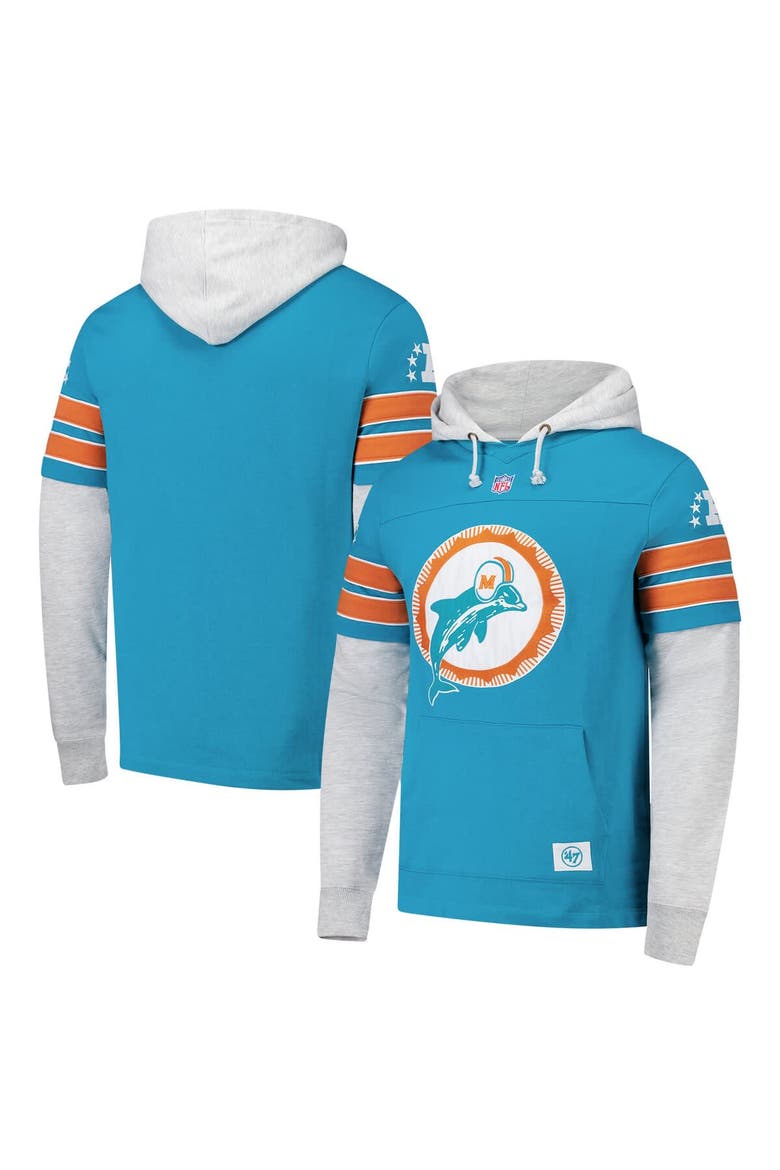 Men's '47 Aqua Miami Dolphins  Throwback Double Header Blitz Cornerback Pullover Hoodie, Main, color, Aqua