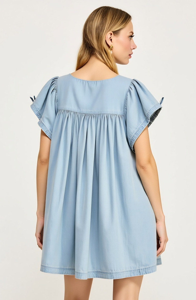 Modenaire Square Neck Flutter Sleeve Gathered Skirt Babydoll Dress, Alternate, color, Light Blue