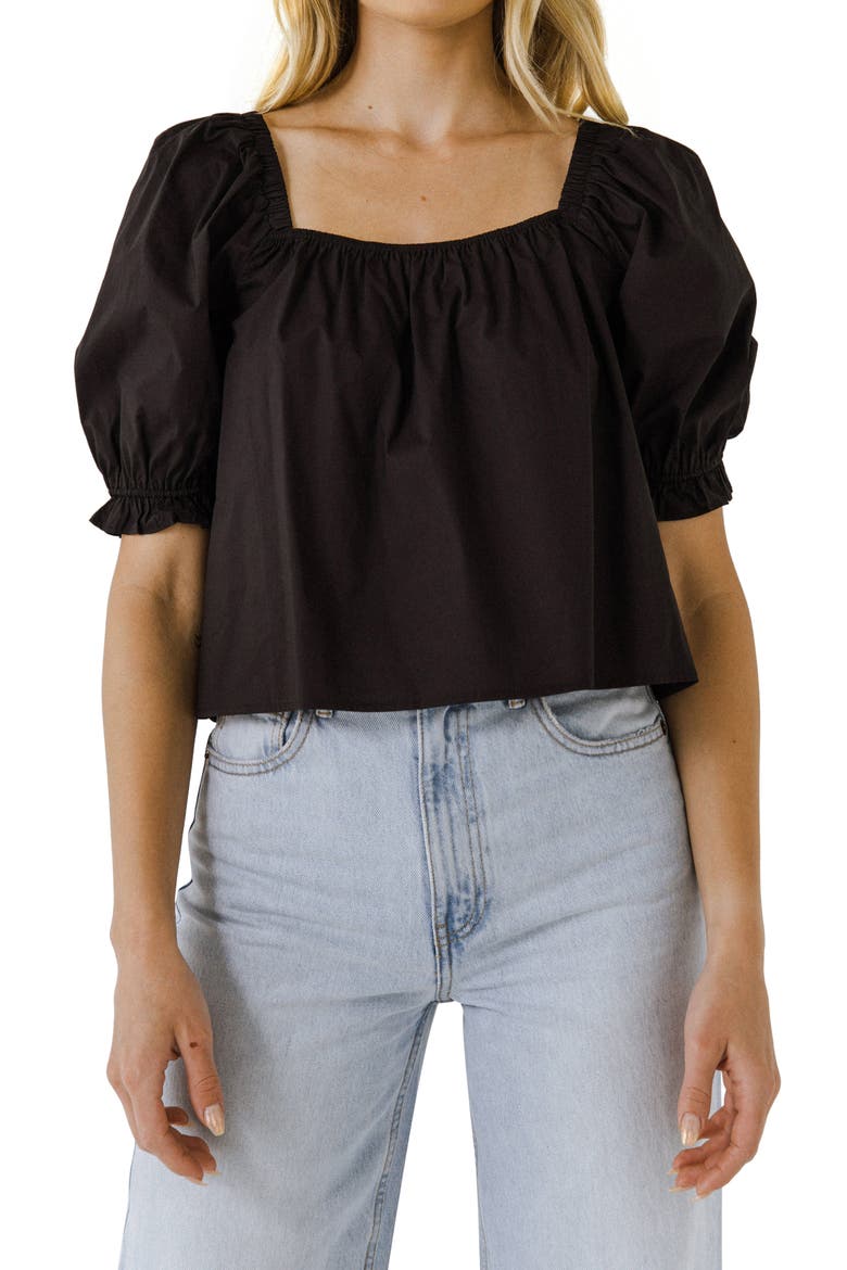 Puff Sleeve Cotton Top, Main, color, BLACK