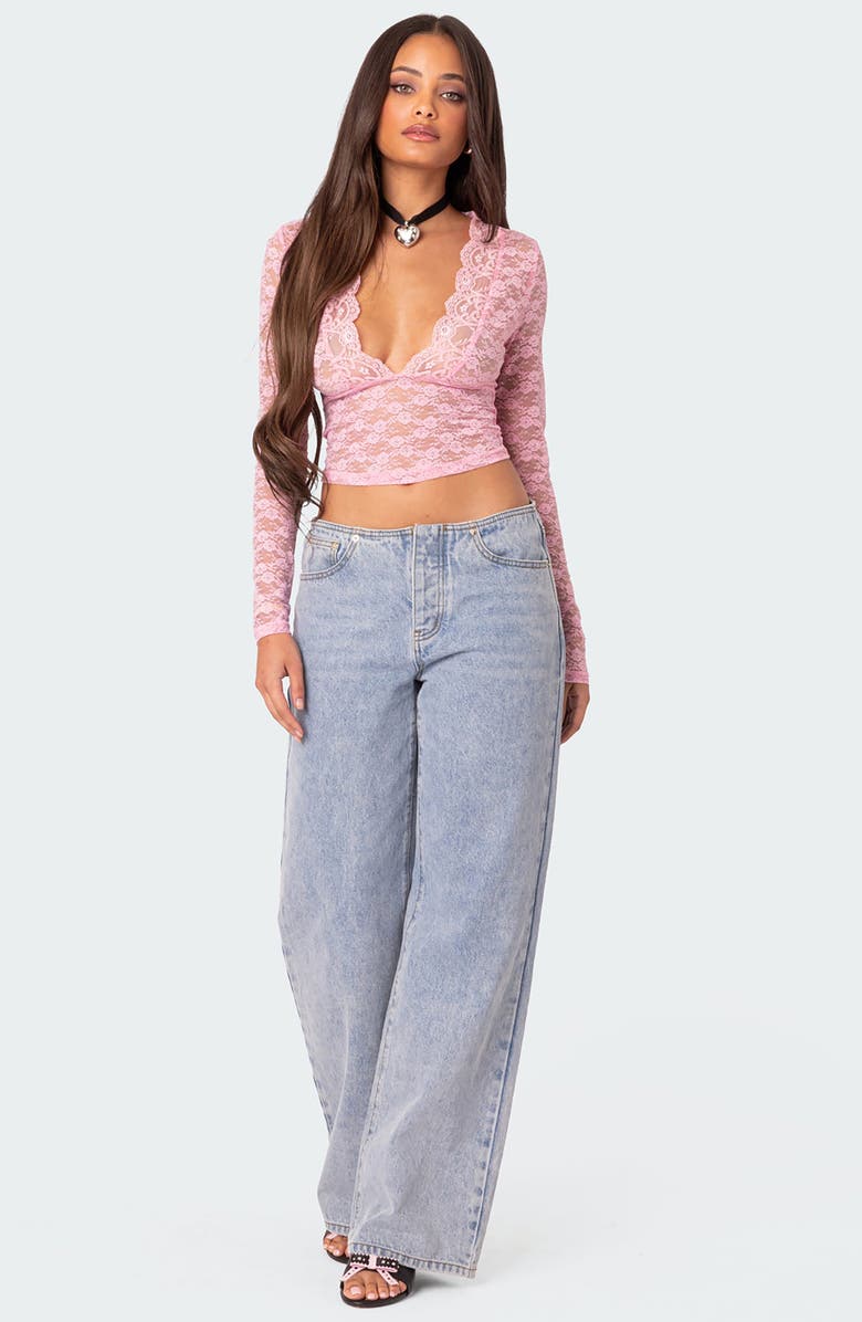 EDIKTED Beck Plunge Neck Lace Crop Top, Alternate, color, Pink