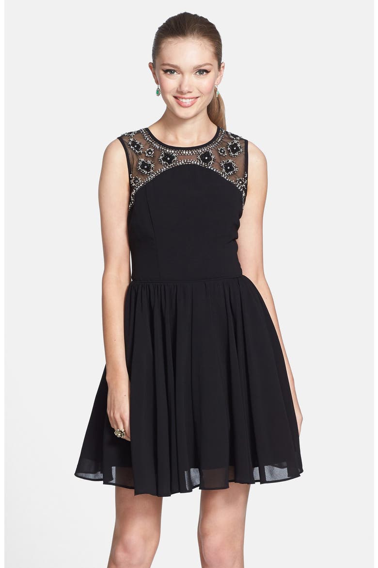 Embellished Yoke V-Back Fit & Flare Dress, Alternate, color, BLACK
