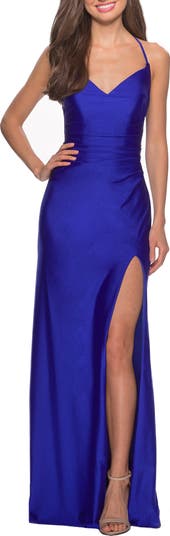 LA FEMME Cross Back Satin Jersey Trumpet Gown in outlet Nude