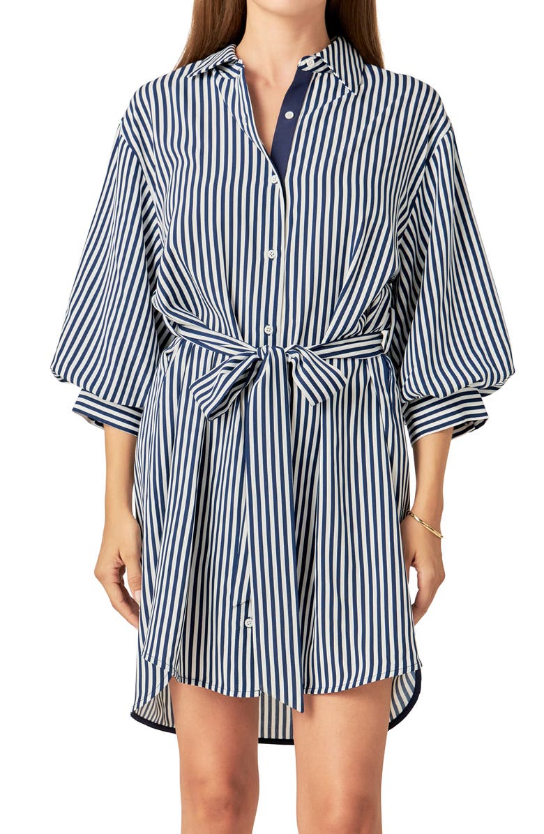 English Factory Stripe Belted Shirtdress, Alternate, color, White/ Navy