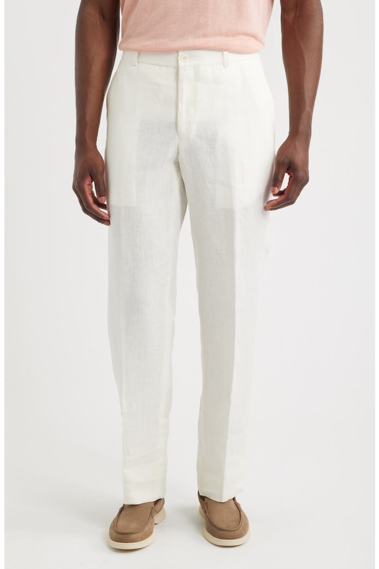 Flat Front Slub Linen Chambray Dress Pants, Main, color, WHITE