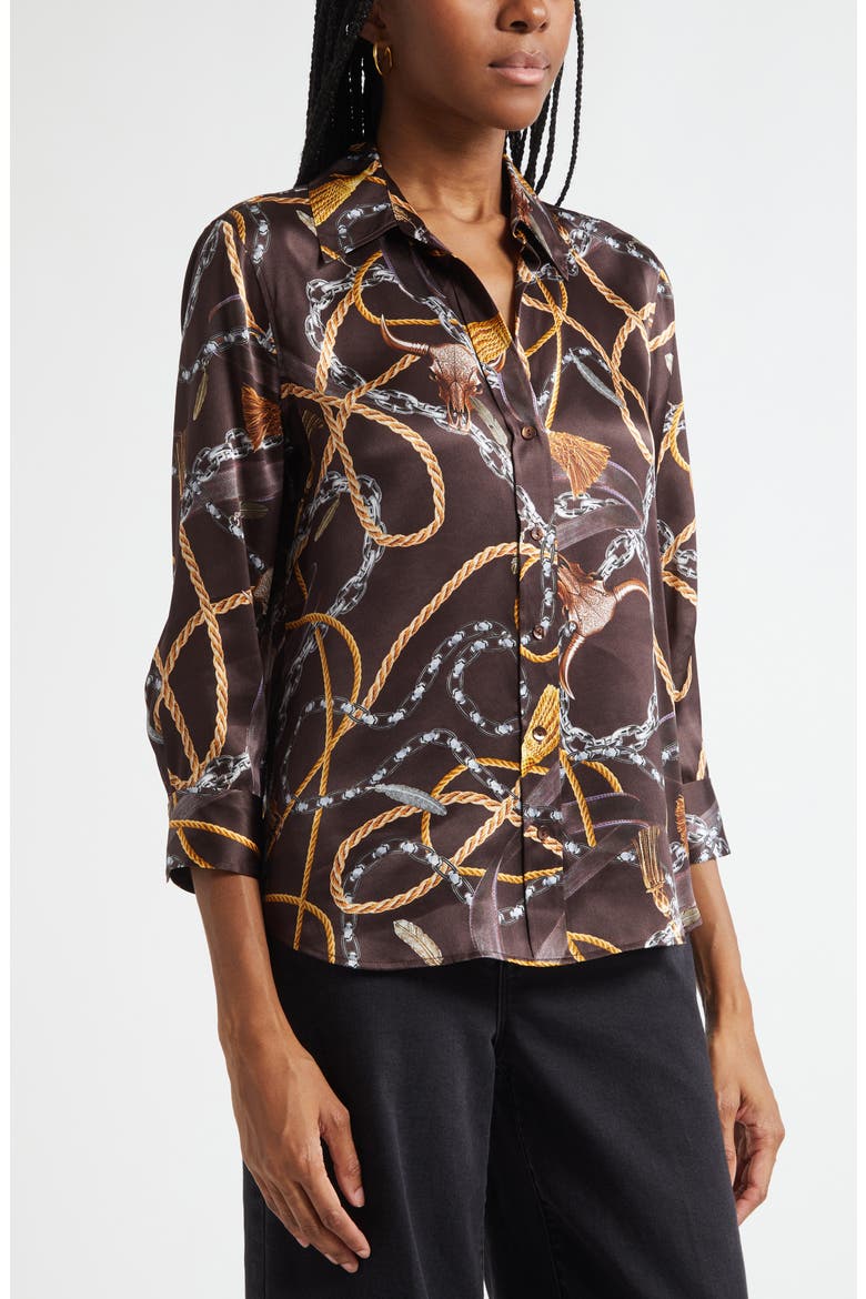 Dani Western Chain Print Silk Button-Up Shirt, Alternate, color, BROWN MULTI CHAIN